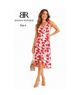 BANANA REPUBLIC White and Red Floral Print Midi Dress Size 6